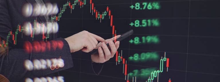 Person holding the phone with the market screens around and behind them